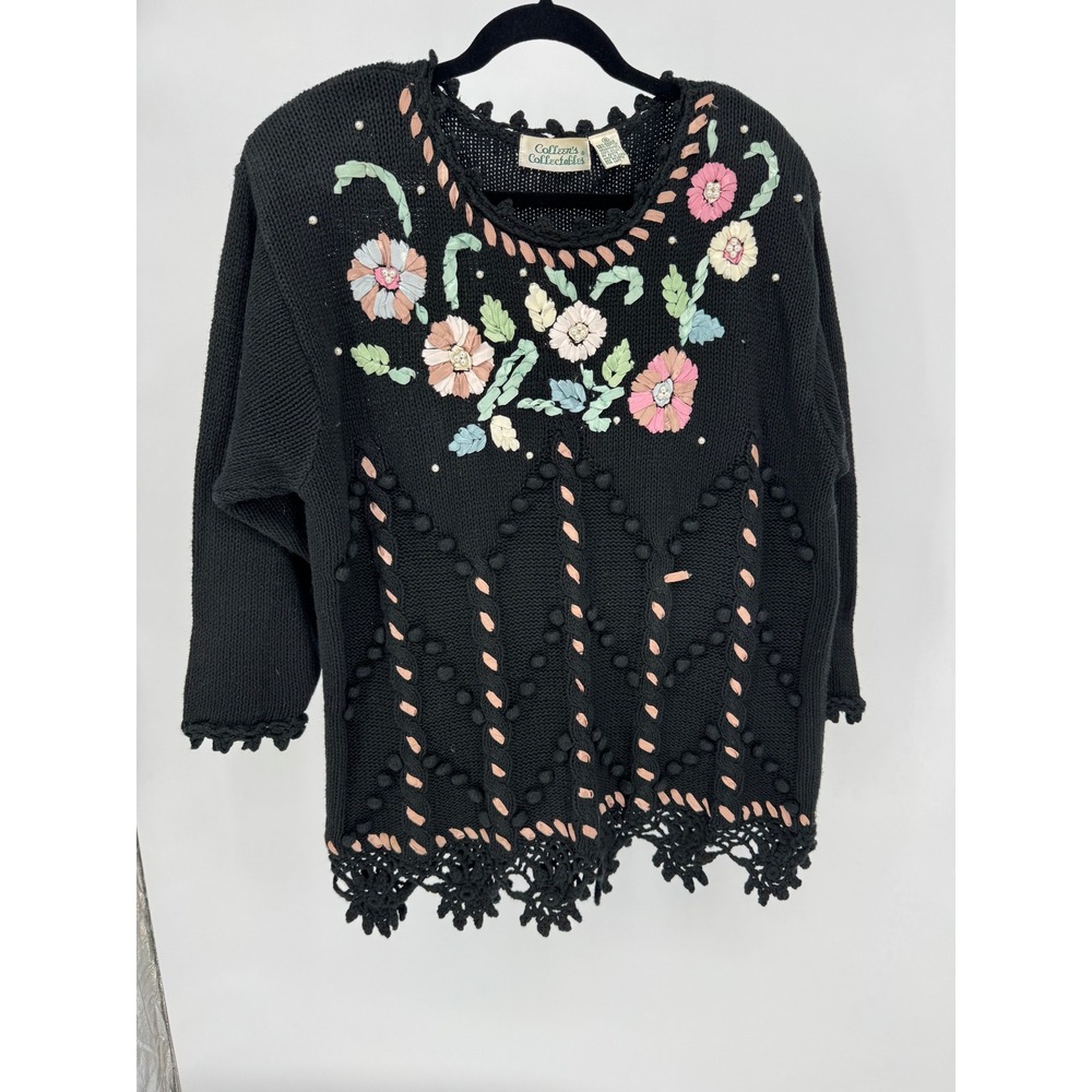 Colleens‎ Collectables Vintage Black Ribbon Floral Embroidery Knit Sweater Small